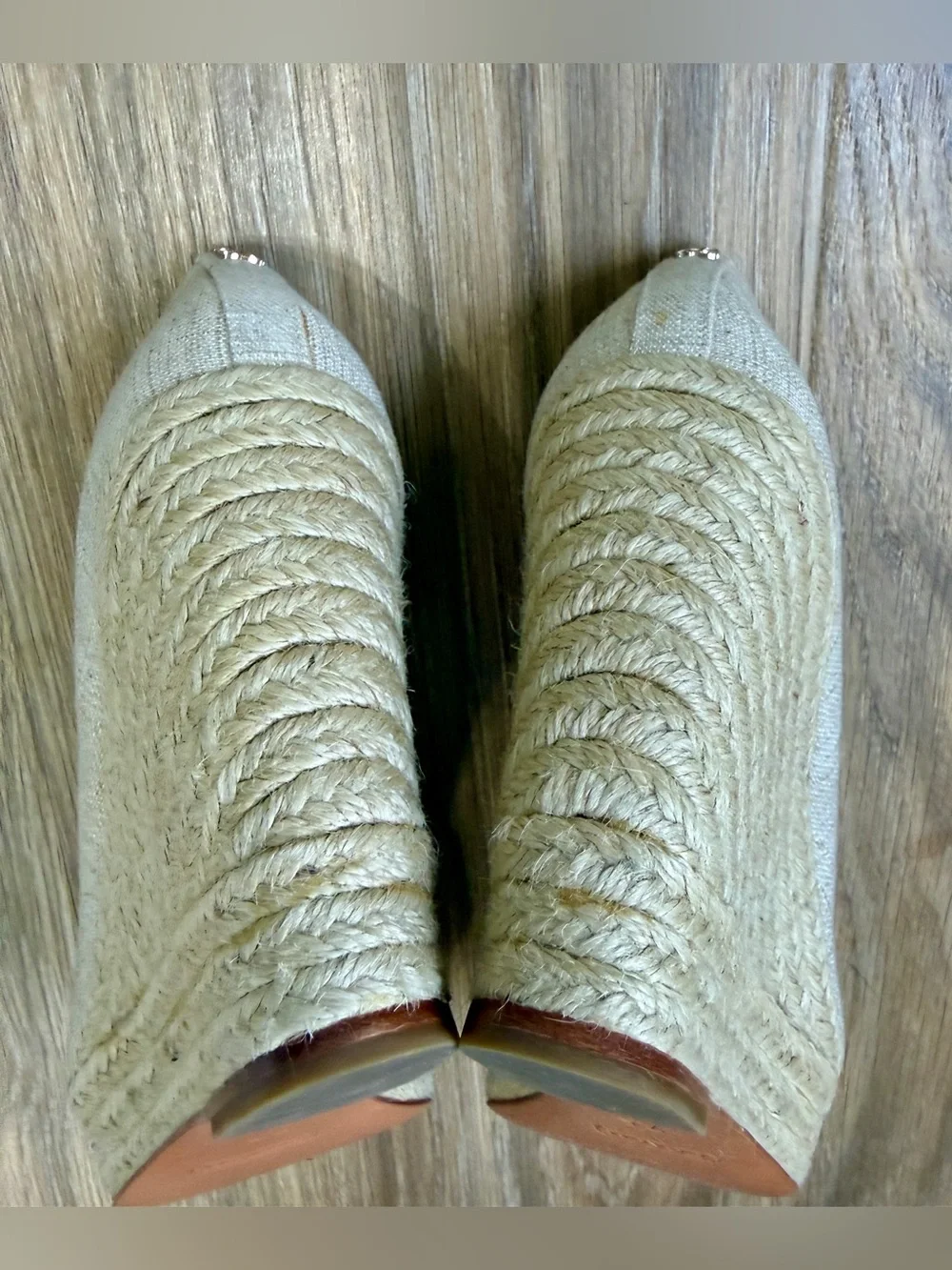 Coach Milan Espadrille Wedge Peep Toe Pumps Natural Linen Canvas Size 7.5B